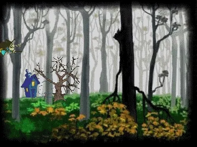 ᐅ halloween gif plaatjes - Halloween plaatjes Een blauwe huisje in een mistig bos, omringd door kale bomen en groene bladeren.
