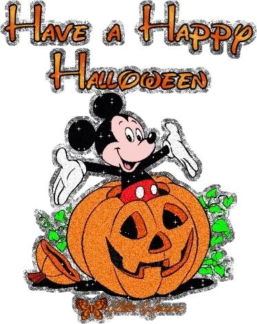 ᐅ halloween gif plaatjes - Halloween plaatjes Mickey Mouse in een pompoen met de tekst "Have a Happy Halloween".