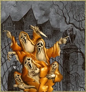 ᐅ halloween gif plaatjes - Halloween plaatjes Vijf spookachtige figuren met messen voor een spookhuis in een griezelige sfeer.