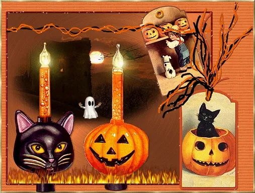 ᐅ halloween gif plaatjes - Halloween plaatjes Halloween afbeelding met een kat, pompoen en een spookje in een sfeervolle achtergrond.