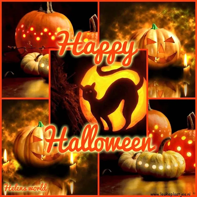 ᐅ halloween gif plaatjes - Halloween plaatjes Pompoenen met glimlachen en een silhouet van een kat, Happy Halloween tekst.