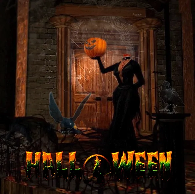 ᐅ halloween gif plaatjes - Halloween plaatjes Een spookachtige figuur met een pompoen voor een houten deur. Halloween thema.