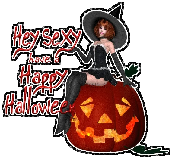 ᐅ halloween gif plaatjes - Halloween plaatjes Een vrouw in een heksenoutfit zit op een grote pompoen met Halloween-tekst.