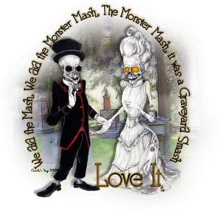 ᐅ halloween gif plaatjes - Halloween plaatjes Twee skeletfiguren dansten in een griezelige omgeving, omringd door grafstenen.