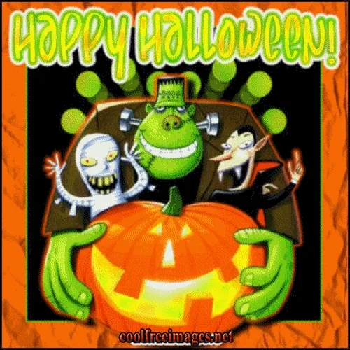 ᐅ halloween grappig - Halloween plaatjes Drie vrolijke monsterfiguren houden een pompoen vast met "Happy Halloween!" erboven.