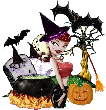 Vrouwelijke heks met een toverdrank en Halloween-elementen zoals een pompoen en vleermuizen.