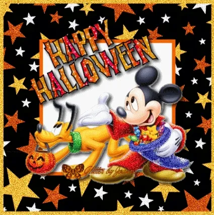 Mickey Mouse en Pluto vieren Halloween met een pompoen en sterrenachtergrond.