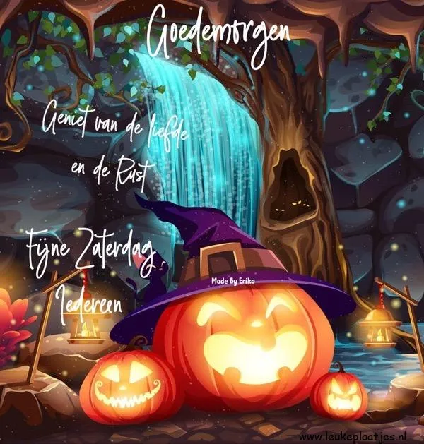 Illustratie van een waterval met pompoenen, een hoed en teksten over de ochtend.