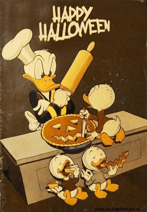 Donald Duck bakt een pompoentaart met kwaakende eenden rond hem. Happy Halloween!