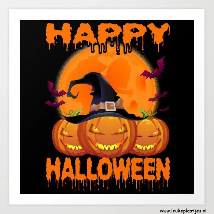 Drie pompoenen met een heksenhoed, een volle maan en 'Happy Halloween' tekst.
