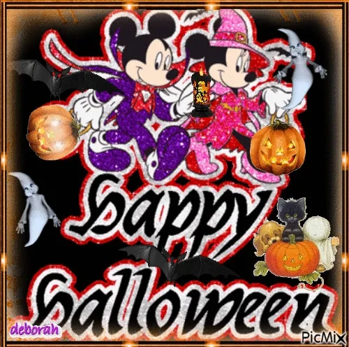 Mickey en Minnie Mouse in Halloween-kostuums met pompoenen en spookjes.