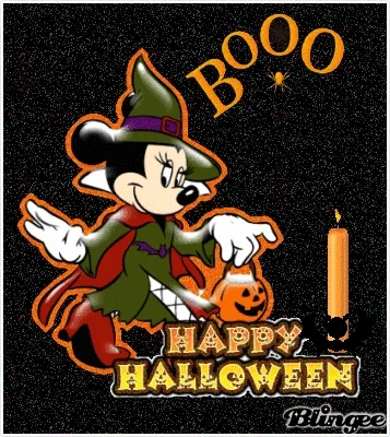 Minnie Mouse in een heksenkostuum met een pompoen en Halloween-tekst.