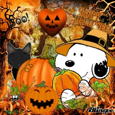 Snoopy met pompoenen en een zwarte kat in een Halloween-setting.