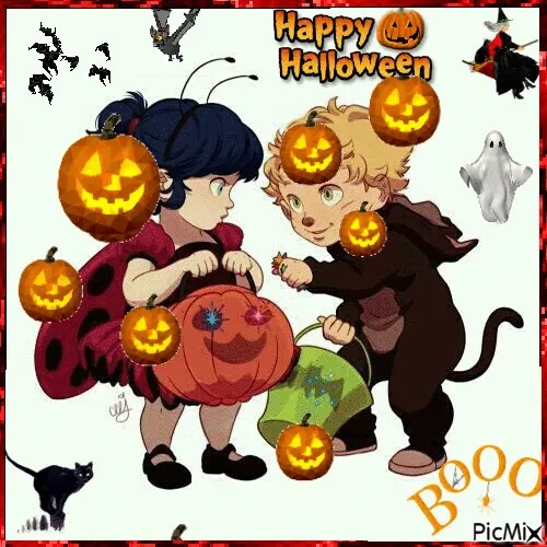 Twee kinderen verkleed voor Halloween met pompoenen en spookachtige versieringen.