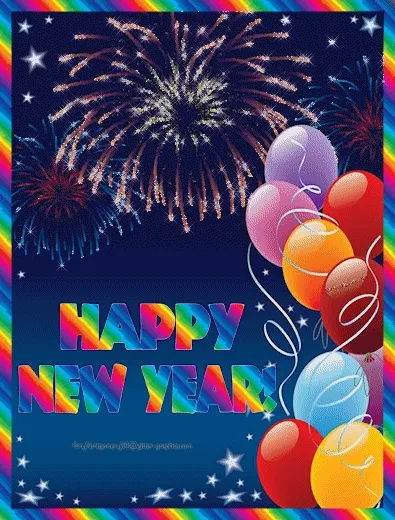 Kleurige ballonnen en vuurwerk met de tekst "Gelukkig Nieuwjaar!" op een nachtelijke achtergrond.