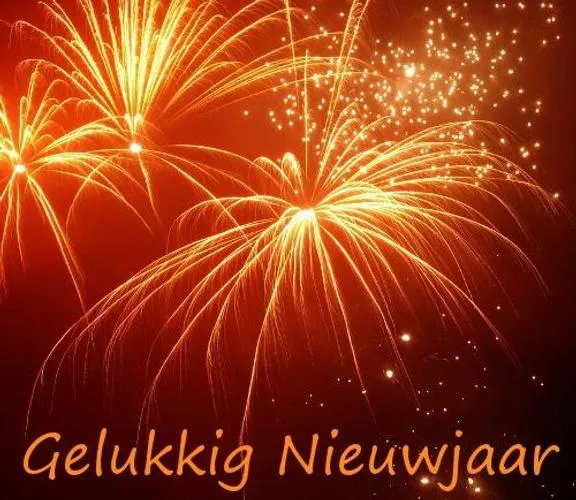 Vuurwerk explodeert in de lucht met de tekst "Gelukkig Nieuwjaar".