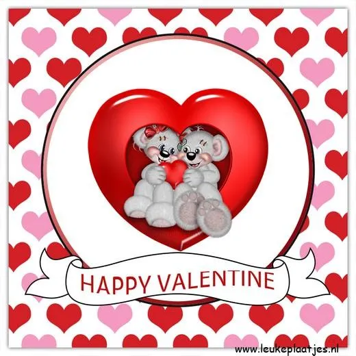 ᐅ happy valentijn - Valentijnsdag plaatjes Twee schattige beren met een hartje in een rode hartvorm, omringd door kleine hartjes.