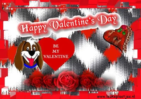 ᐅ happy valentijn - Valentijnsdag plaatjes Decoratieve Valentijnsdag afbeelding met een hond, hart en rozen.