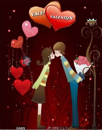 ᐅ happy valentijn - Valentijnsdag plaatjes Koppel kust elkaar, omringd door harten en Valentijnsdecoraties.