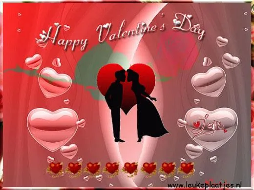 ᐅ happy valentijn - Valentijnsdag plaatjes Silhouet van een stel met harten en 'Happy Valentine's Day' tekst.
