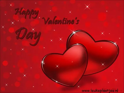 ᐅ happy valentijn - Valentijnsdag plaatjes Rode achtergrond met twee hartjes en de tekst "Happy Valentine’s Day".