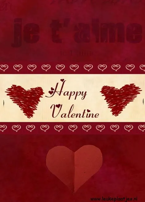 ᐅ happy valentijn - Valentijnsdag plaatjes Rood Valentijnsdag ontwerp met harten en de tekst "Je t'aime" en "Happy Valentine".