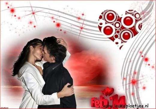 ᐅ happy valentijn - Valentijnsdag plaatjes Een stel kust elkaar omgeven door een hart en feestelijke versieringen.