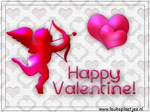 ᐅ happy valentijn - Valentijnsdag plaatjes Een roze cupid met een pijl en boog, naast hartjes en de tekst "Happy Valentine!"