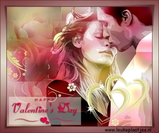 ᐅ happy valentijn - Valentijnsdag plaatjes Koppeltje kust elkaar met bloemen en hartjes op de achtergrond voor Valentijnsdag.