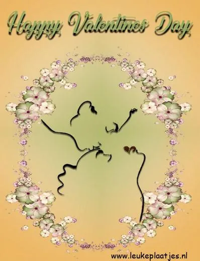 ᐅ happy valentijn - Valentijnsdag plaatjes Silhouetten van een verliefd stel omringd door bloemen met tekst "Happy Valentine’s Day".