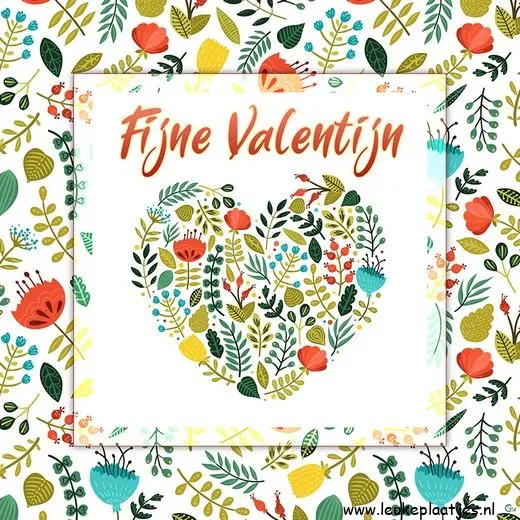 ᐅ happy valentijn - Valentijnsdag plaatjes Kleurige bloemen en bladeren vormen een hart met tekst "Fijne Valentijn".