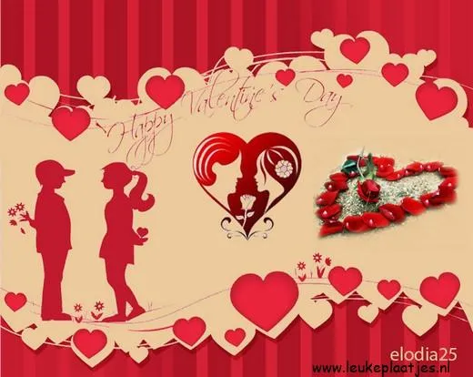 ᐅ happy valentijn - Valentijnsdag plaatjes Twee silhouetten van een stel met hartjes en Valentijnsdag boodschap eromheen.