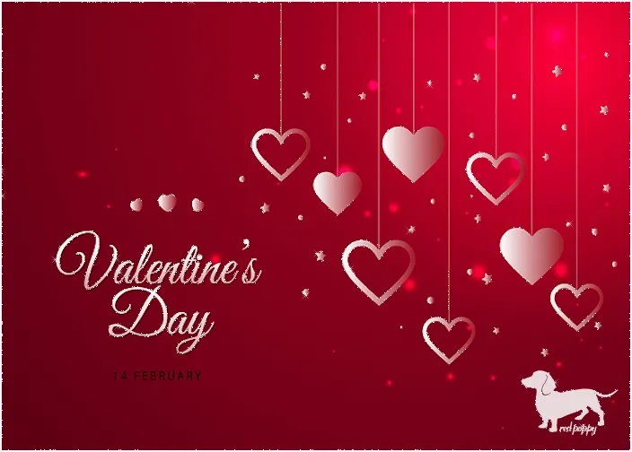 ᐅ happy valentijn - Valentijnsdag plaatjes Rode achtergrond met hangende hartjes voor Valentijnsdag op 14 februari.