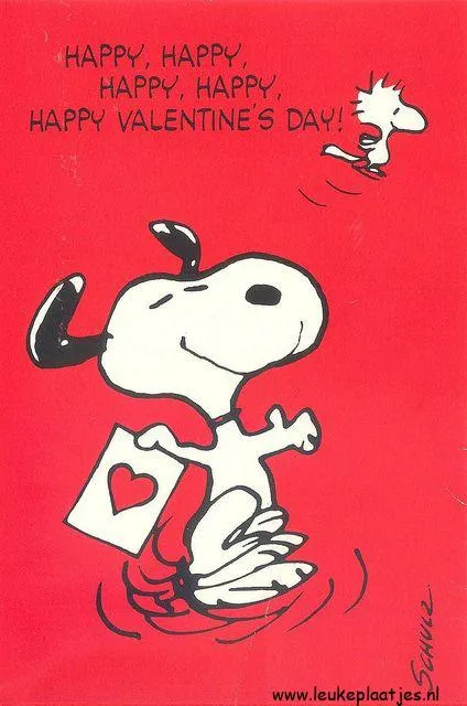 Snoopy houdt een kaart vast met een hart op een rode achtergrond. Valentijnsdag thema.