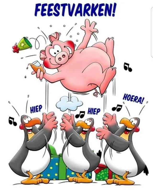 ᐅ hartelijk gefeliciteerd man - Verjaardag plaatjes Een feestvarken zweeft boven juichende pinguïns met muzieknoten.