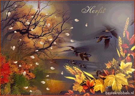 Herfstlandschap met vallende bladeren en vliegende vogels.