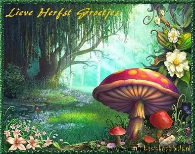 Een kleurrijke paddenstoel in een magisch bos met bloemen en bomen.