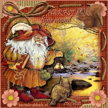 Een oude man met een lantaarn naast een spiegelend water en herfstlandschap.