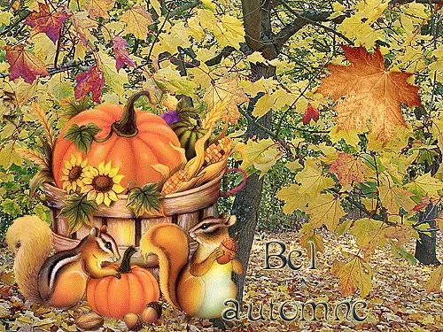 Herfstlandschap met pompoenen, eekhoorns en gele bladeren. Tekst: "Bel automne".
