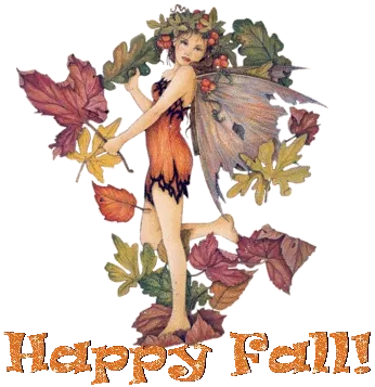 Vrouwelijke elf omringd door herfstbladeren met de tekst 'Happy Fall'.