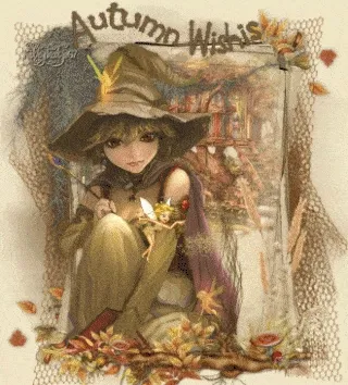 Jonge vrouw in een tovenaarsoutfitt omringd door herfstbladeren en magische elementen.