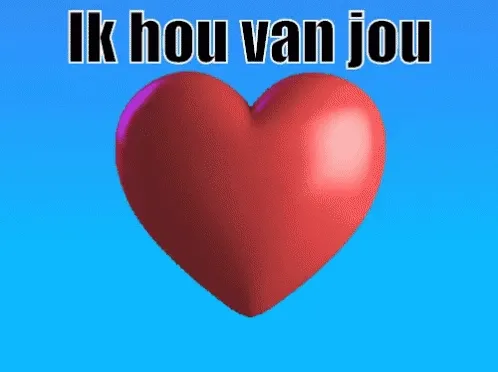 Rode hart met de tekst 'Ik hou van jou' op een blauwe achtergrond.