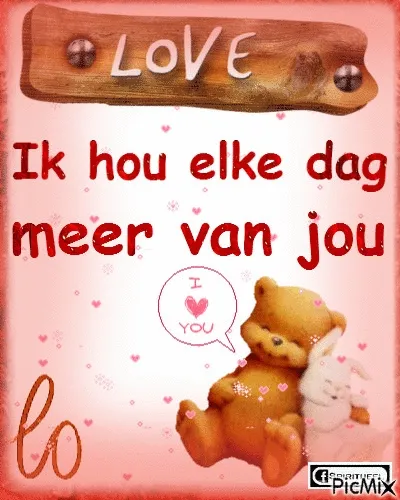 Cuddly teddybeer met tekst "Ik hou elke dag meer van jou" op een kleurrijke achtergrond.