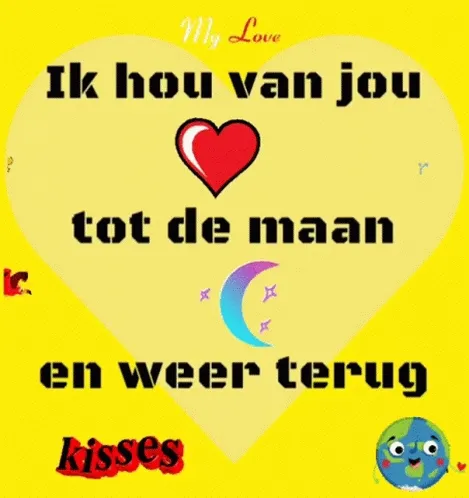 Lichtgeel hart met de tekst: "Ik hou van jou tot de maan en weer terug."