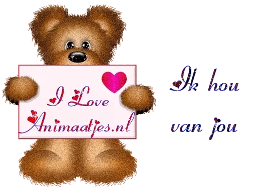 Teddybeer met een bord waarop 'Ik hou van jou' staat. Achtergrond in donkerrood.