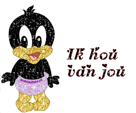 Een schattige, glinsterende animatie van een vogel met een roze rok.