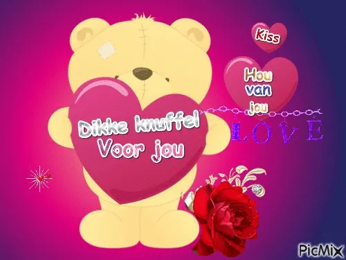 Een schattige teddybeer met een hart en liefdevolle teksten en een roos.