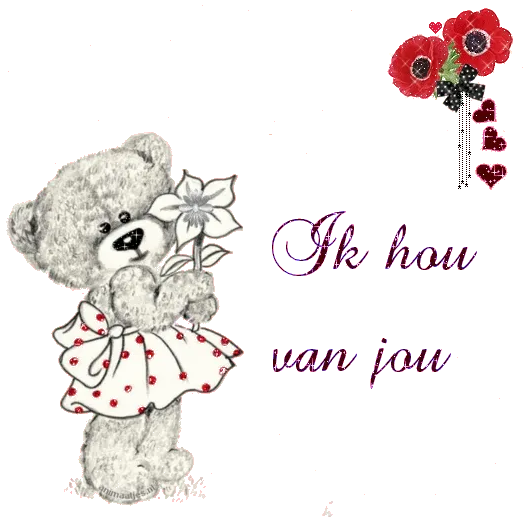 Een schattige teddybeer met een bloem en de tekst "Ik hou van jou".