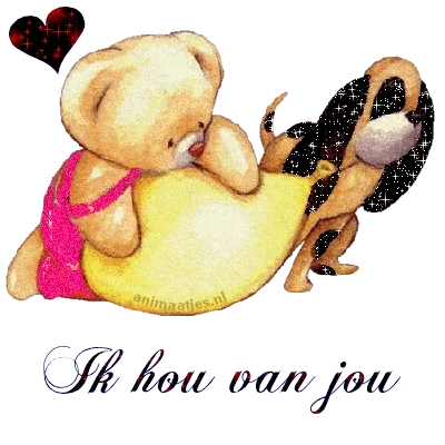 Een teddybeer en een hond met de tekst "Ik hou van jou" op de achtergrond.
