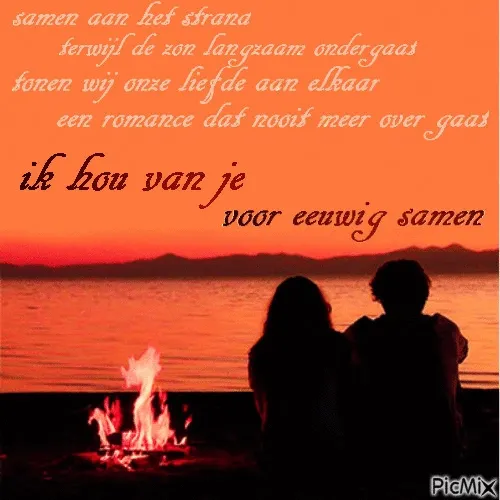 Twee silhouetten bij zonsondergang, met liefdevolle teksten op de achtergrond.